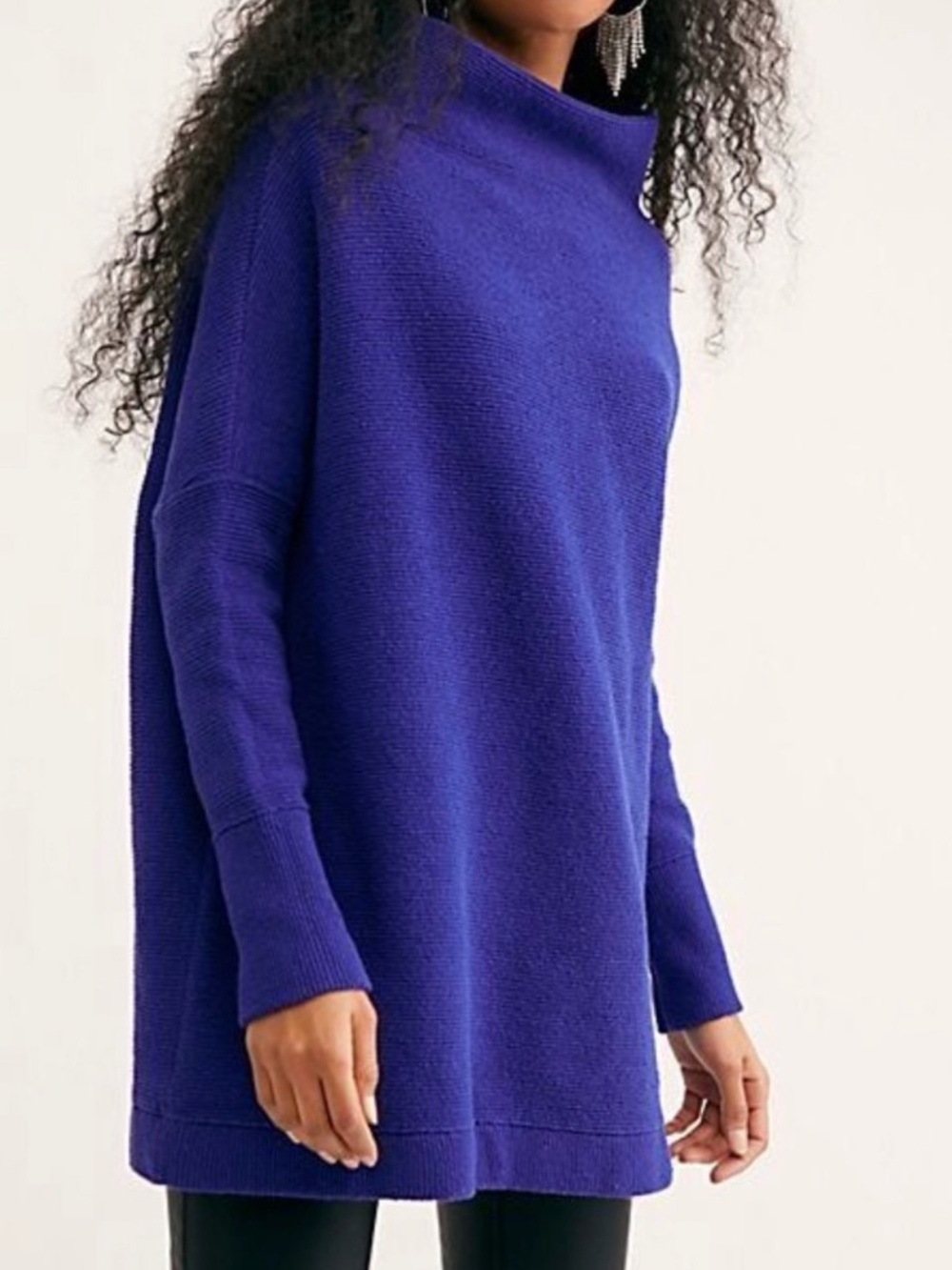 Free People Ottoman Sweater Tunic Sweatshirt Mock Neck in Indigo Blue Ribbed